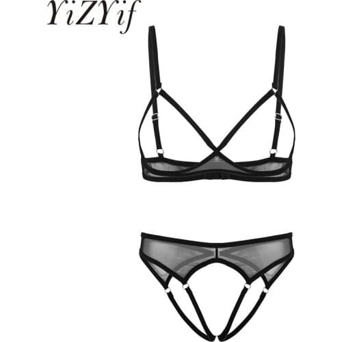 2Pcs Womens Lingerie Open Cups Bra Top with Crotchless Panties G-string Thongs See Through Sheer Mesh Sexy Lingerie Underwear