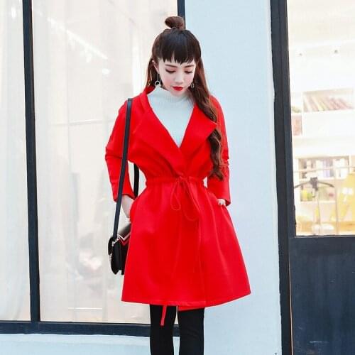 2019 New Autumn And Winter Dress Fashion All-match Waist Loose Coat Temperament Self-cultivation Fund Gules Chalaza Woollen