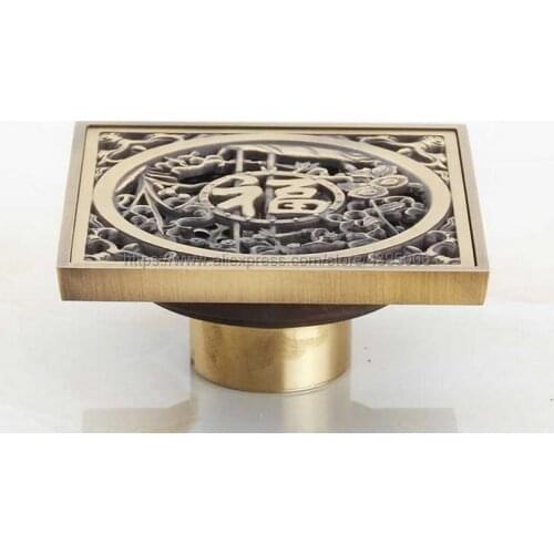 10cm*10cm Antique Brass Square Vintage Art Carved Floor Drain Cover Shower Waste Drainer Bathroom Accessories Bhr018