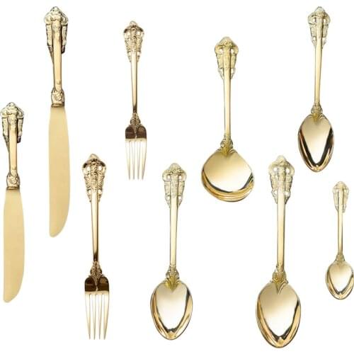 12pcs Stainless steel Knife Fork Spoon set Gold Cutlery Christmas Dinnerware Golden Flatware Retro Wedding Dinner Gift Kitchen