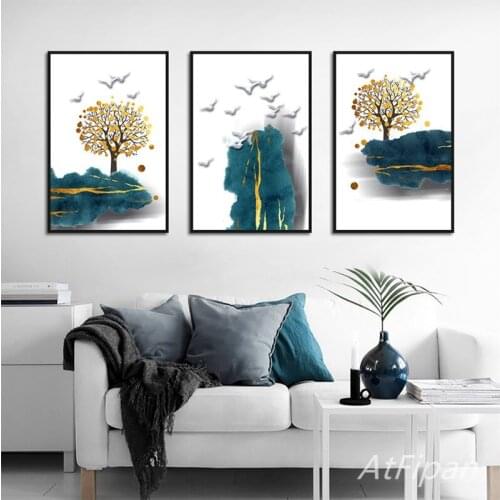 Abstract Gorgeous Landscape Painting Golden Tree Art Home Wall Decor Painting Canvas Prints Poster Modern Space Art Picture