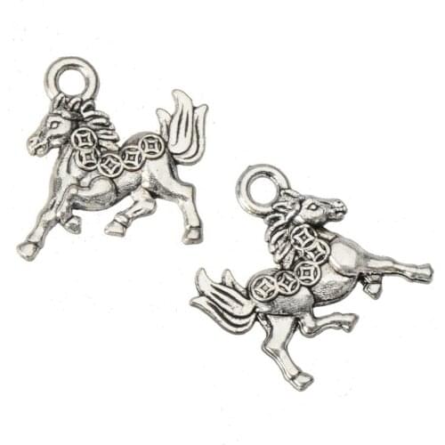 Horse charms Pendants Jewerly DIY Handicrafs Accessories Silver Color Flat Animal Money Drawing Coin Alloy 15mm Wholesaler 50pcs