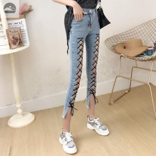 2021 HOT Summer Women jeans 7-point Pencil Pants pants Woman pants Trousers Lace Up Women clothing Show thin All-match Fashion