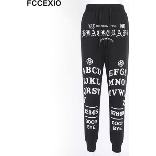FCCEXIO Black Gothic Punk Letter Printed Legging Tapered Carrot Pants Elastic Waist Women Cotton Jogger Casual Trousers