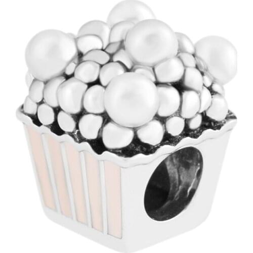 CKK Silver 925 Jewelry Fits Pandora Bracelets Delicious Popcorn Charm, Pale Pink Enamel & White Crystal Original Beads