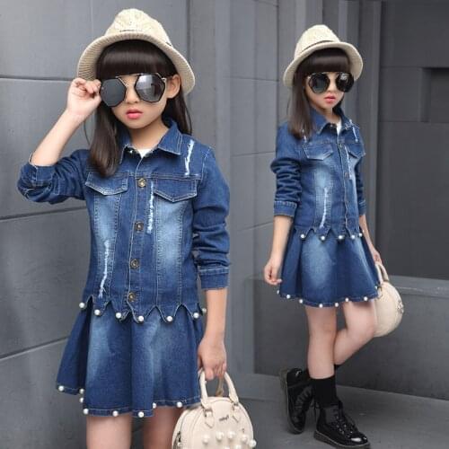 2020 Spring Girls Denim Suit Childrens Clothing Set Female Child Pearls Splicing Denim Coat + Skirt Twinsets Kids Clothes X322