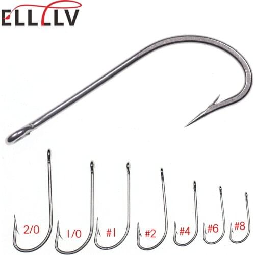 Elllv 50pcs #8 - 2/0 Stainless Steel Long Shank OSHAUGHNESSY Hook Live Bait Fishhook Minnow Sculpin Saltwater Flies Tying Hook