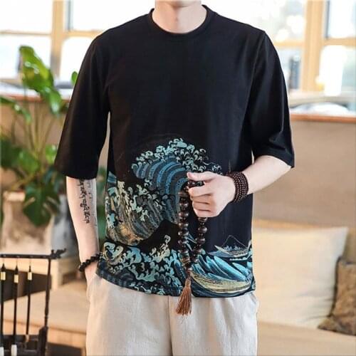 Sea Wave Print Oversized Men T-Shirt O-Neck Summer Japanese Chinese Style Male T-Shirts Fashion Loose Short Sleeve T-Shirt 30197