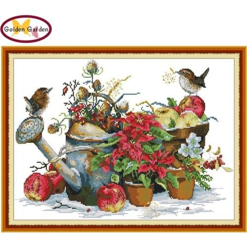GG Flower Pot&Birds Counted Animal Cross Stitch Patterns 11CT 14CT Joy Sunday Chinese Cross Stitch Kit for Embroidery Home Decor