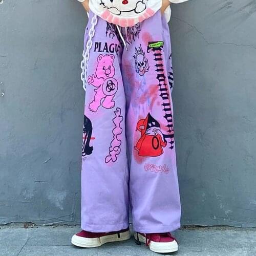 Harajuku Korean Y2K Hippie Palazzo Pants Women Retro 90s Aesthetic Cartoon Gothic Trousers Oversize Female Wide Leg Pant Purple
