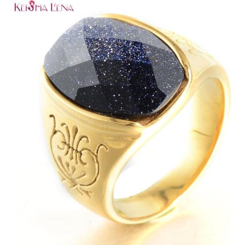 Fashion Starry Sky Blue Gravel Stainless Steel Aventurine Ring for Men Punk Male Anel Alliance Charms Jewelry Unique Bague Homme