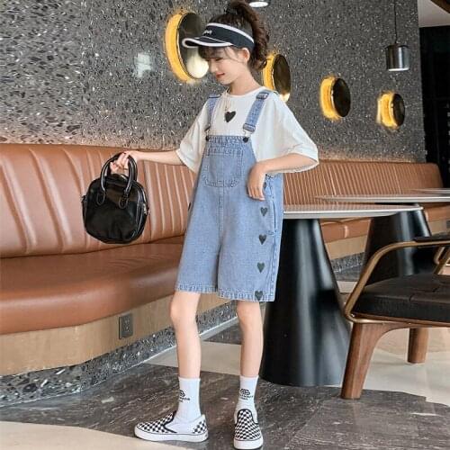 Girls Summer Clothes Set Kids Shorts Overalls New Girl Casual Costume For Children 4 6 8 10 12 Year Teen T-Shirt+Jumpsuit 2 Pcs