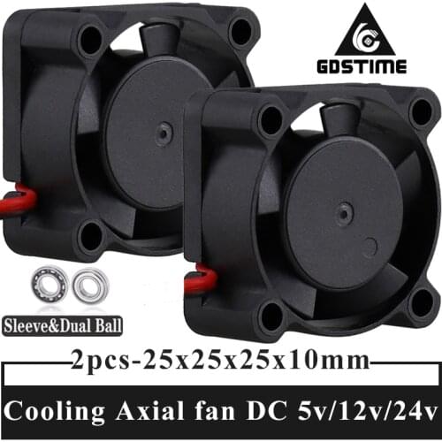 2pcs Gdstime 3D Printer cooler Axial 25mm fan DC 5V 12V 24V 25x25x10mm Dual Ball/Sleeve 2.5mm Graphics Card mini cooling fan