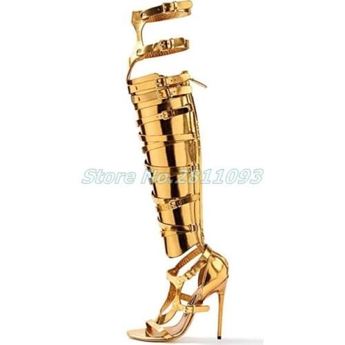 Metal Gold Cut Out Summer Boots Open Toe Stiletto High Heel Over The Knee Multi-Buckle Handmade Top Quality Shoes Runway Party