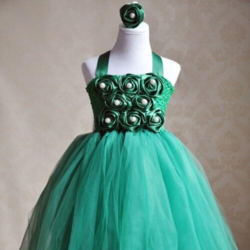 Cute Girls Flowers Long Tutu Dresses Kids Crochet Tulle Tutus Ball Gown with Rose Headband Children Wedding Evening Party Dress