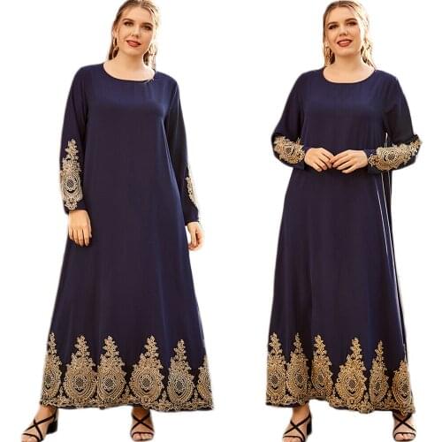 Fashion Golden Color Appliques Muslim Women Long Dress Kaftan Arab Abaya Turkish Middle East Dubai O-neck Ramadan Islam Vestido