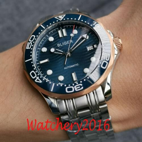 41mm Bliger Blue Dial Luminous Deployment Ceramic Bezel Date Sapphire Glass Miyota 8215 Date Automatic Mens Watch
