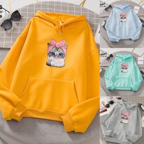 Cute Cat Print 2021 New Sweatshirt Warm Funny Ulzzang Vintage Pullover for Women Fashion Korean Hoodie Female Oversize Sudadera