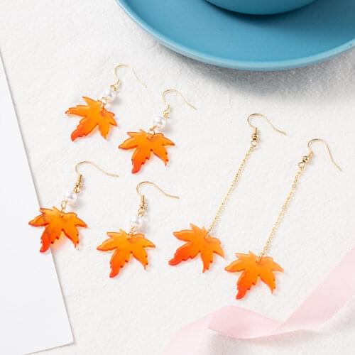 New Simple Acrylic Earrings Maple Leaf Earrings Autumn Leaf Earrings Pearl Long Earrings Ear Clip
