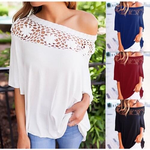 Solid Color Casual Lace Stitching Pierced Sexy Strapless T-shirt Fashion Loose Simple Temperament Womens Clothing Free Shipping