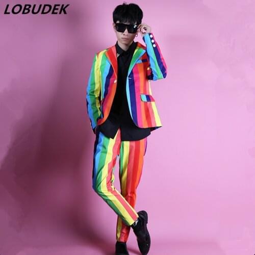 Jacket+Pants) Fashion 2 Pieces Set Irregularity Colorful Stripe Blazers Mens Nightclub Bar Stars Singer Host Stage Costume