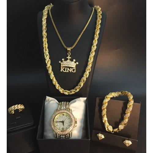 Luxury Men Watch Hip Hop 100 Points Cross Crown Necklace Ice Out Cuban Jewelry Set Watch & Necklace & Bracelet & Ring & Earrings