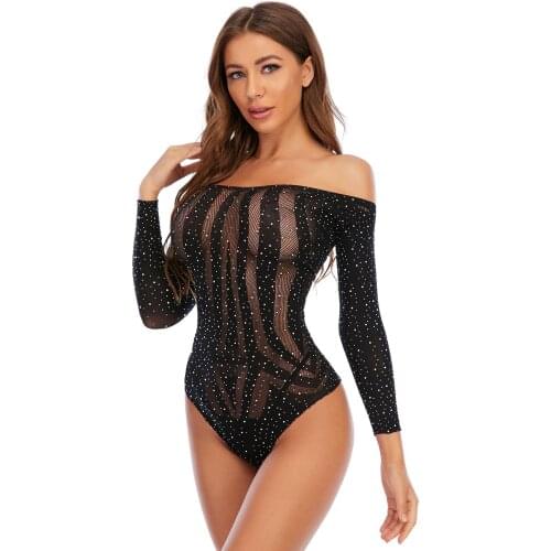 Sexy Lingerie Shiny Drills Shoulder Sexy Bodysuit Long Sleeve Net Womens Underwear Porno See Through Sleepwear Erotic Costumes