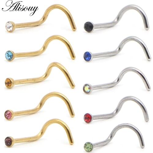 Alisouy 1pc Fashion Stainless Steel Tiny Crystal Rhinestone Nose Studs Hooks Bar Pin Nose Rings Body Piercing Jewelry For Women