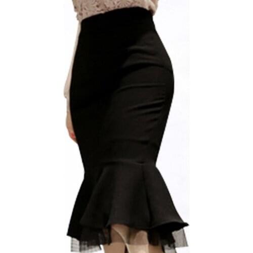 New fishtail trumpet skirt Organza lace skirt black high waist skirts women