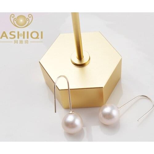 ASHIQI Real Natural Freshwater pearl Big Round Pearl Drop Earrings for Women 925 Sterling Silver Jewelry Gift