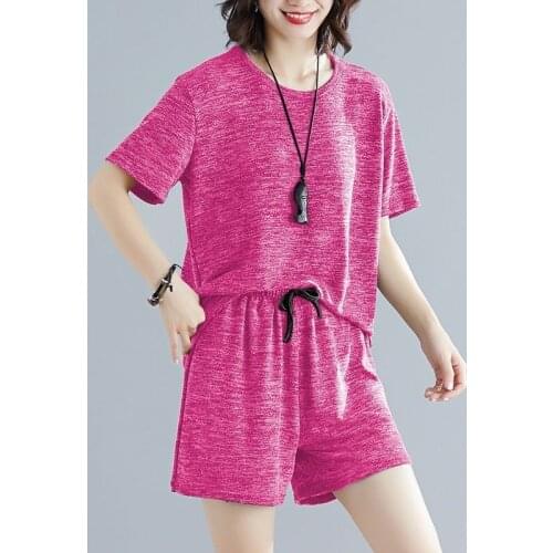 2021 Summer Plus Size Casual O Neck Solid Short Sleeve Two Piece Set Top and Shorts Drawstring 2 Piece Sets Women Outfits Y238