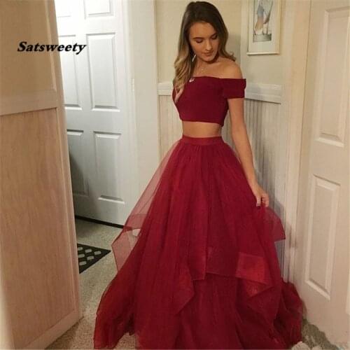 Burgundy 2 Piece Prom Dresses 2021 Boat Neck Short Sleeve A Line Tulle Long Prom Gown Cheap Evening Party Dress Robe De Soiree