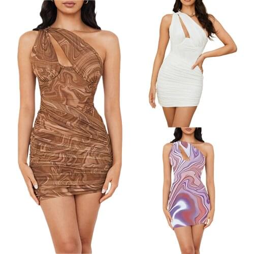 2021 Summer Hot Outfits Womens Fashion Solid Color/Print Short Dress Sexy One-shoulder Irregular Hollow Skinny Dress