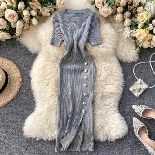 2021 Summer Femme New Korean Solid Color Knitted Short Sleeved Dress Wonen Vintage Robe Fashion Casual Slim A-line Sexy Dress