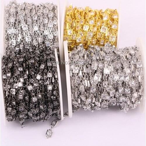 1 Meter ZYZ177-8966 Clear White Zircon Faceted Square Beads Chains, Rosary Chain CZ Wire Wrapped Plated Chain Jewelry