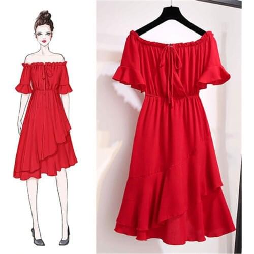 2020 Fashion Summer Women Chiffon Beach Dress Short Sleeve Slash Neck Ruffle Exposed-Shoulder Plus Size Irregular Dresses KW435