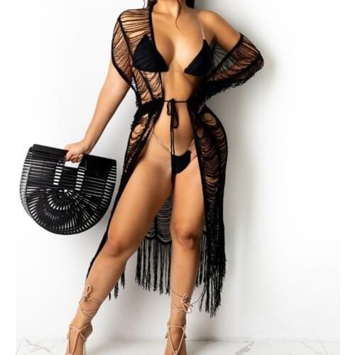 2021 Sexy Knitted Women Cardigan Swimsuit Solid Hollow Out Women Bathing Suits Covers Tassel Hem Beach Wear Swim Cover Ups