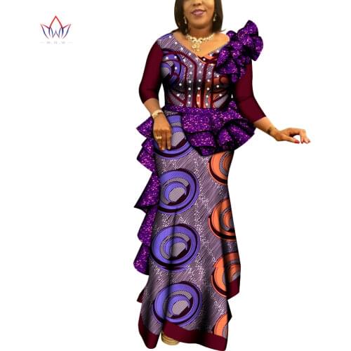 African Women Dress Bazin Riche African Clothing Wedding Party Bridesmaid Dress Peals V Neck Africa Print Dress Plus Size WY6726