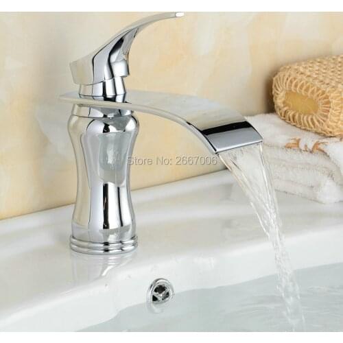 Free Shipping Big Spout Sliver Color Faucet Deck Mounted Waterfall Basin Faucets Bathroom Hot and Cold Water Mixer Taps ZR619