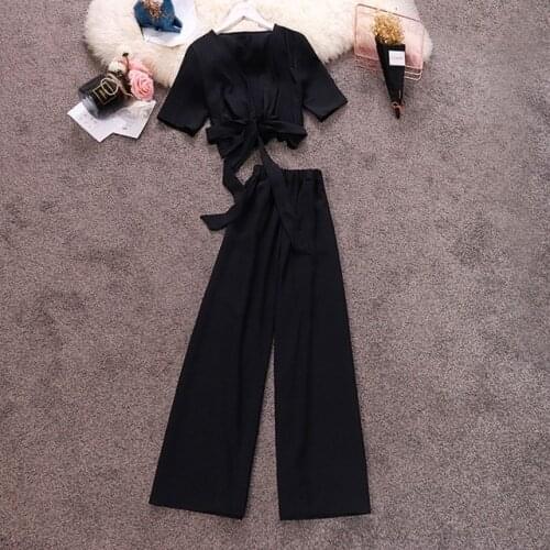 Amolapha Women Short Style Chiffon Cardigans Pants Set V Neck Solid Shirts Wide Leg Pant Suits for Woman