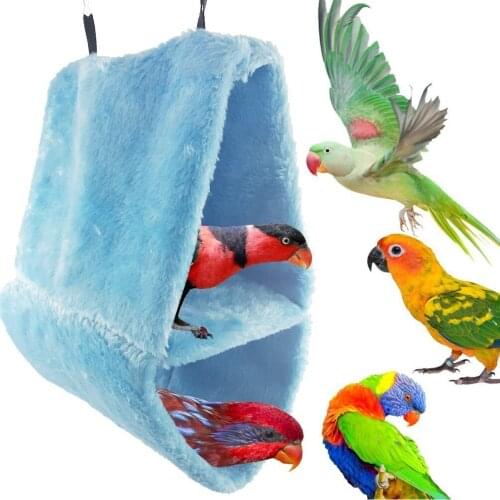 Bird Warm Double-Layer Hammock Hanging Cave for Parrot Parakeet Cockatiel Conure Cockatoo Cage Plush Happy Hut (Random Color)