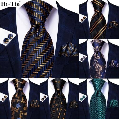 Hi-Tie Navy Blue Gold Striped Paisley Silk Wedding Nicktie For Men Hanky Cufflinks Gift Mens Tie Set Business Party Dropshipping