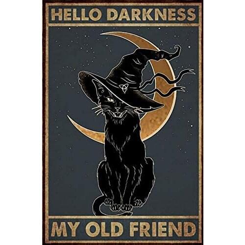 Cat Witch Halloween Hello Darkness My Old Friend Tin Sign Retro Style Miller Beer Bar Den Halloween Painting Metal