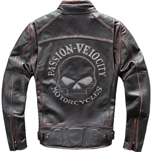 Mens genuine cowhide printed skull short leather jacket, retro distressed cowhide motorcycle motorcycle leather jacket Coat