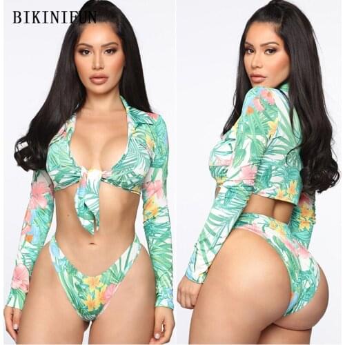 2021 New Sexy Long Sleeve Swimwear Women Bow Knot Swimsuit Floral Print Beachwear S-5XL Girl Plus Size Bathing Suit Bikini Set
