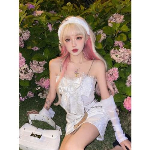 Original Big Bow White Vest Spaghetti Sleeveless Metal Chain Small Suspender Hot Girl Sweet Sexy Outer Top Camis