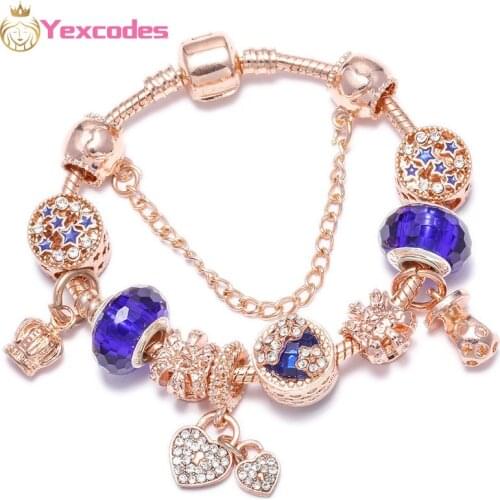 Yexcodes Original Rose gold blue Classic Fine Bracelet Bangle DIY Love shape Crystal Charm Bracelet for Women Gift