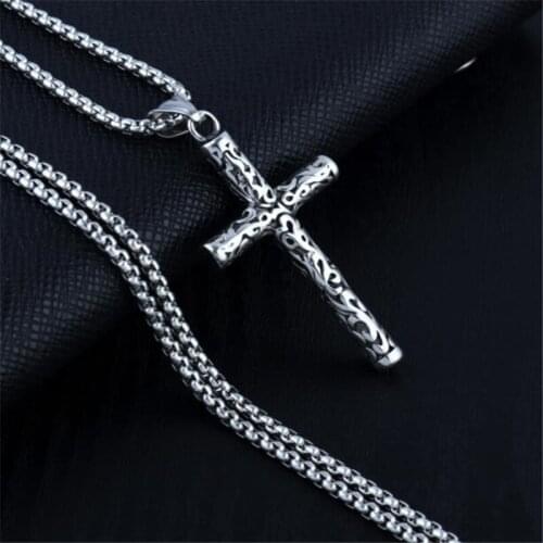 Vintage Engraving Cross Necklace Silver Color Stainless Steel Mens Jewelry Necklace Trendy Male Accessories Gifts