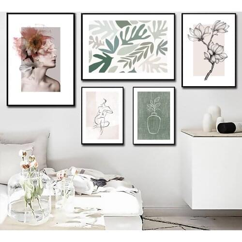 Magnolia Leaf Poster Green Linen Vase Decor Picture Modern Feminine For Living Room Home Decor Flowers Wall Art Canvas Painting