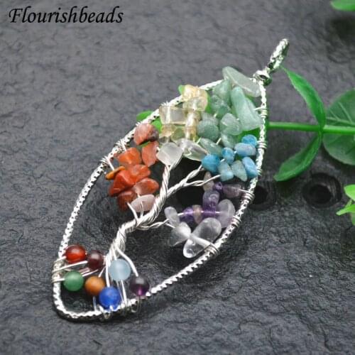 Winding Wire Life Tree Guard Natural Gemstone Chakra Oval Pendant Fit Necklace Jewelry DIY Stuff Amethyst / Pink Quartz / Jade